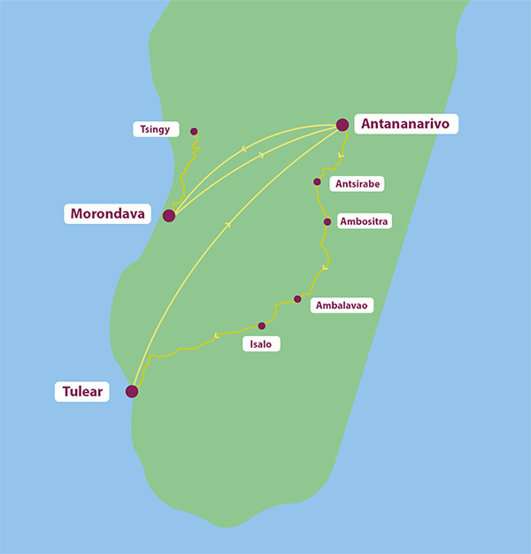 A map showing our route around madagascar: Antananarivo, Morondava, Tsingy, Antananarivo, Ambositra, Ambalavao, Anja Park, Isalo, Tulear, Antananarivo